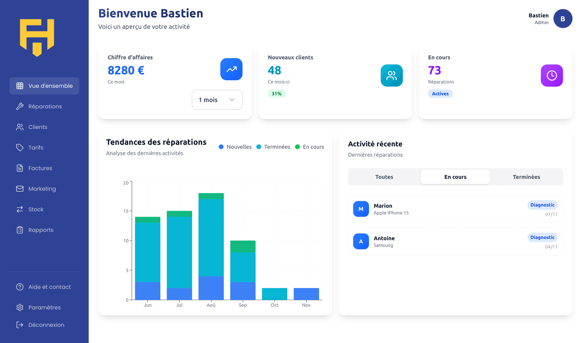 Interface FixHero - Suivi client en temps réel